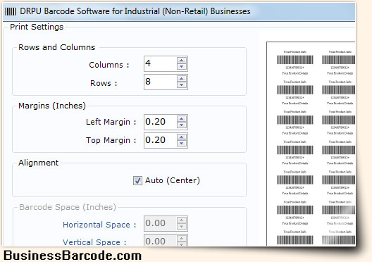 Industrial Manufacturing and Warehousing Barcode Generator Print Settings