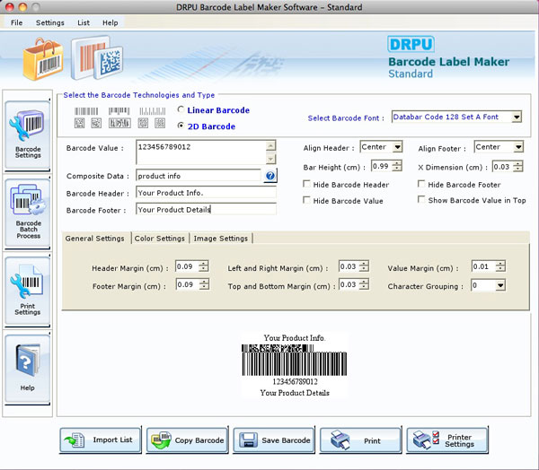 Select the barcode technologies and type Databar Code 128 Set A