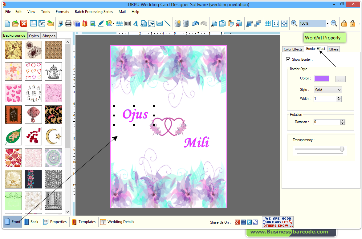 Screenshots of Wedding card maker software by BusinessBarcode